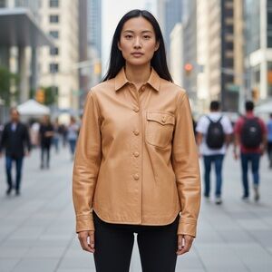 VINTAGE JACKET 60s Leather Shacket Shirt SzS/M Apricot Orange Buttondown Preppy